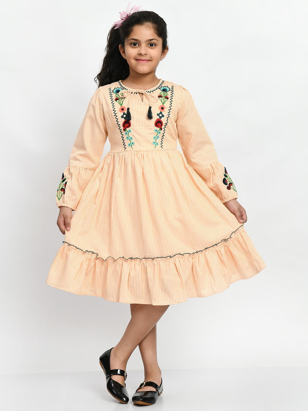 

Bella Moda Girls Embroidered Tie-Up Neck Puff Sleeves Fit & Flare Dress, Orange