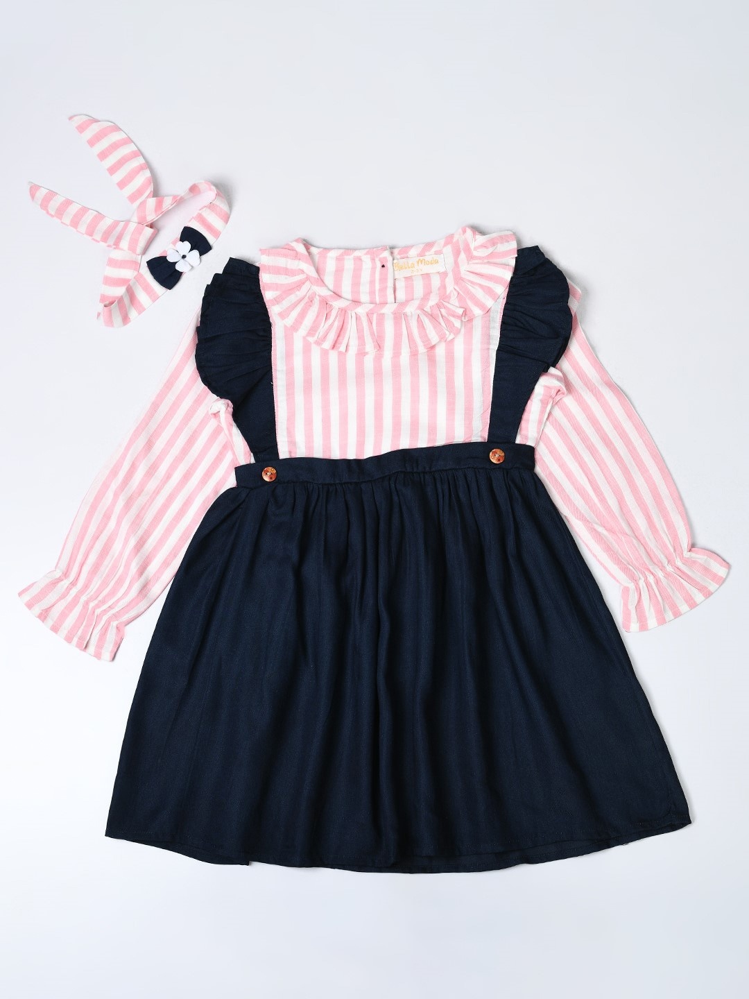 

Bella Moda Girls Striped Gathered Detailed Pure cotton Fit & Flare Dress, Pink