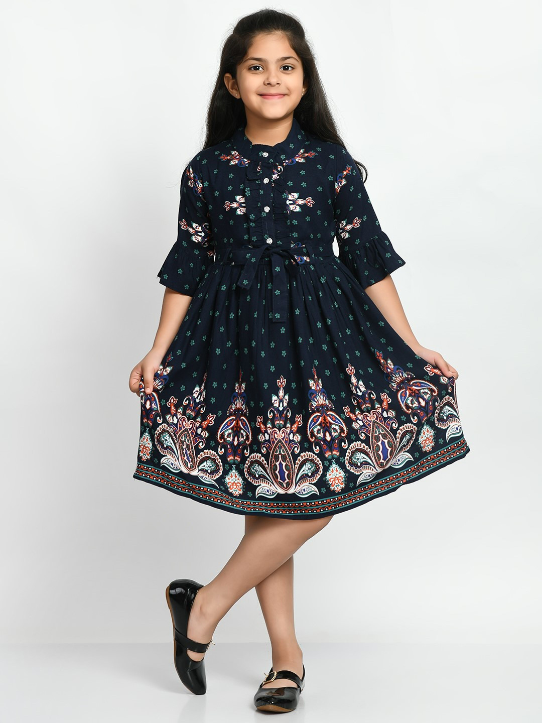 

Bella Moda Ethnic Motifs Printed Bell Sleeve Fit & Flare Dress, Navy blue