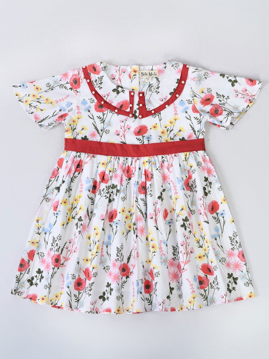 

Bella Moda Floral Printed Peter Pan Tie-Up Waist Regular Sleeve Fit & Flare Dress, White