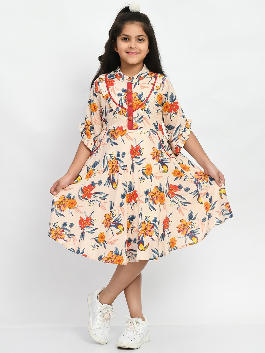 

Bella Moda Girls Floral Printed Pure Cotton Fit & Flare Dress, Peach