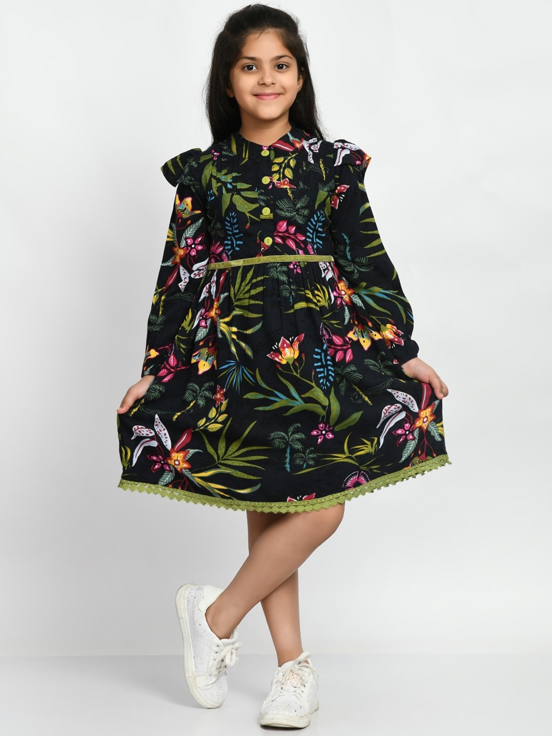 

Bella Moda Girls Floral Printed Puff Sleeves Pure Cotton Fit & Flare Dress, Black