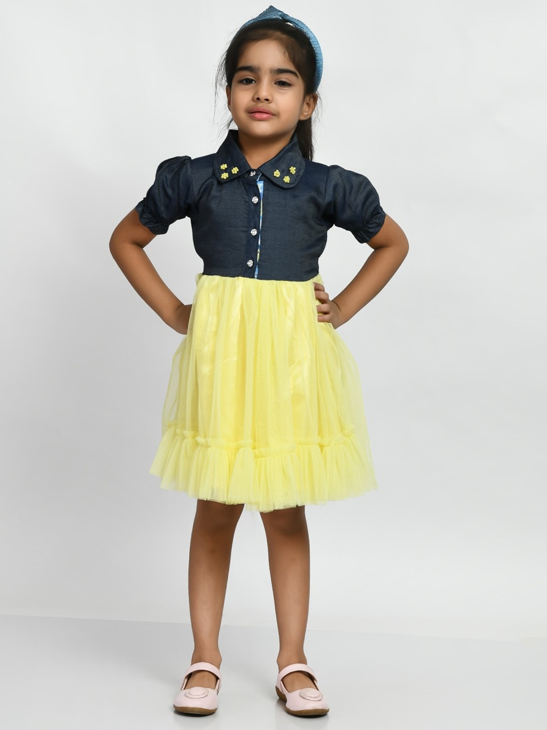 

Bella Moda Girls Peter Pan Collar Puff Sleeves Satin Fit & Flare Dress, Yellow