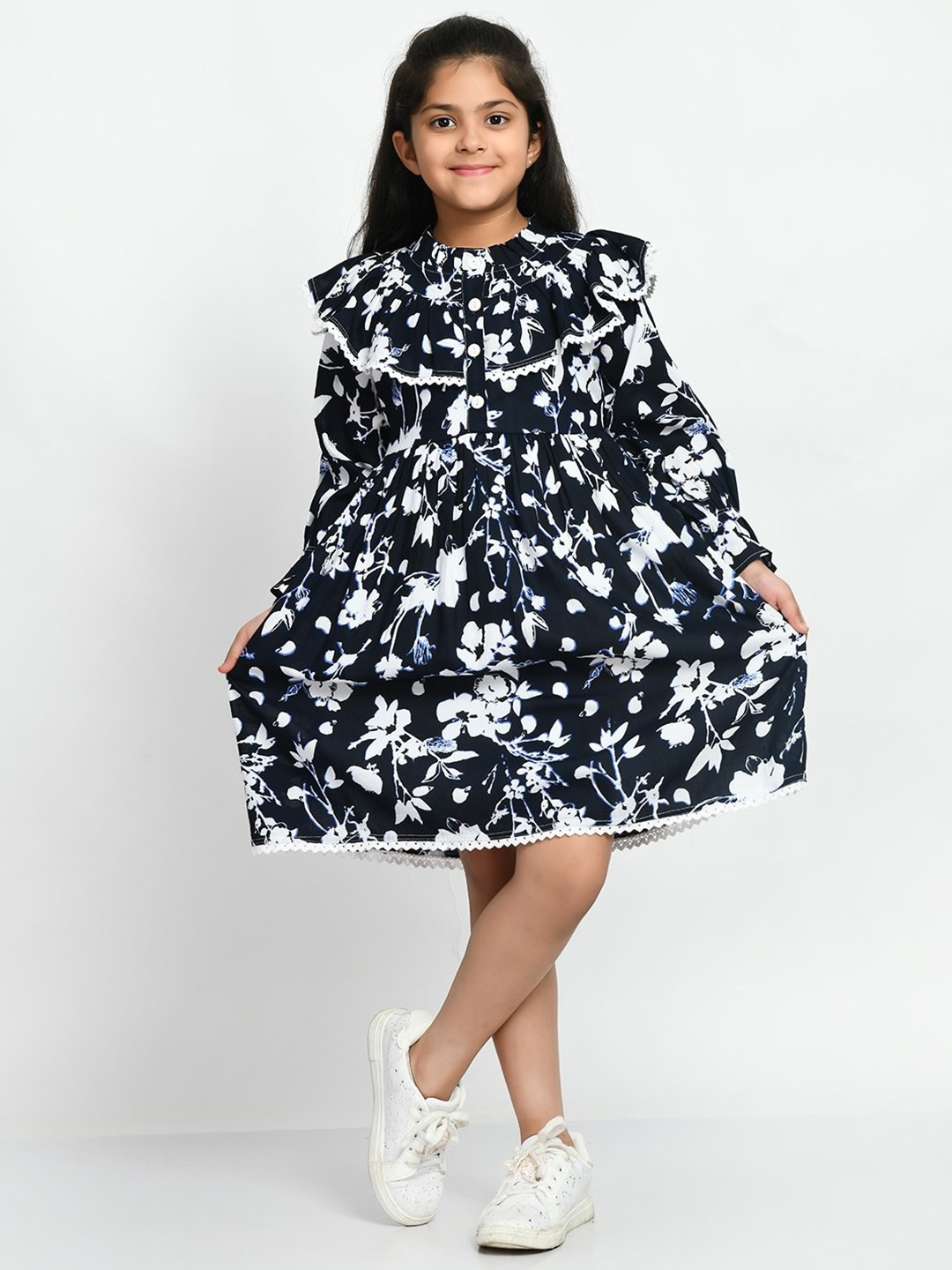 

Bella Moda Girls Floral Printed Cuffed Sleeves Fit & Flare Dress, Navy blue