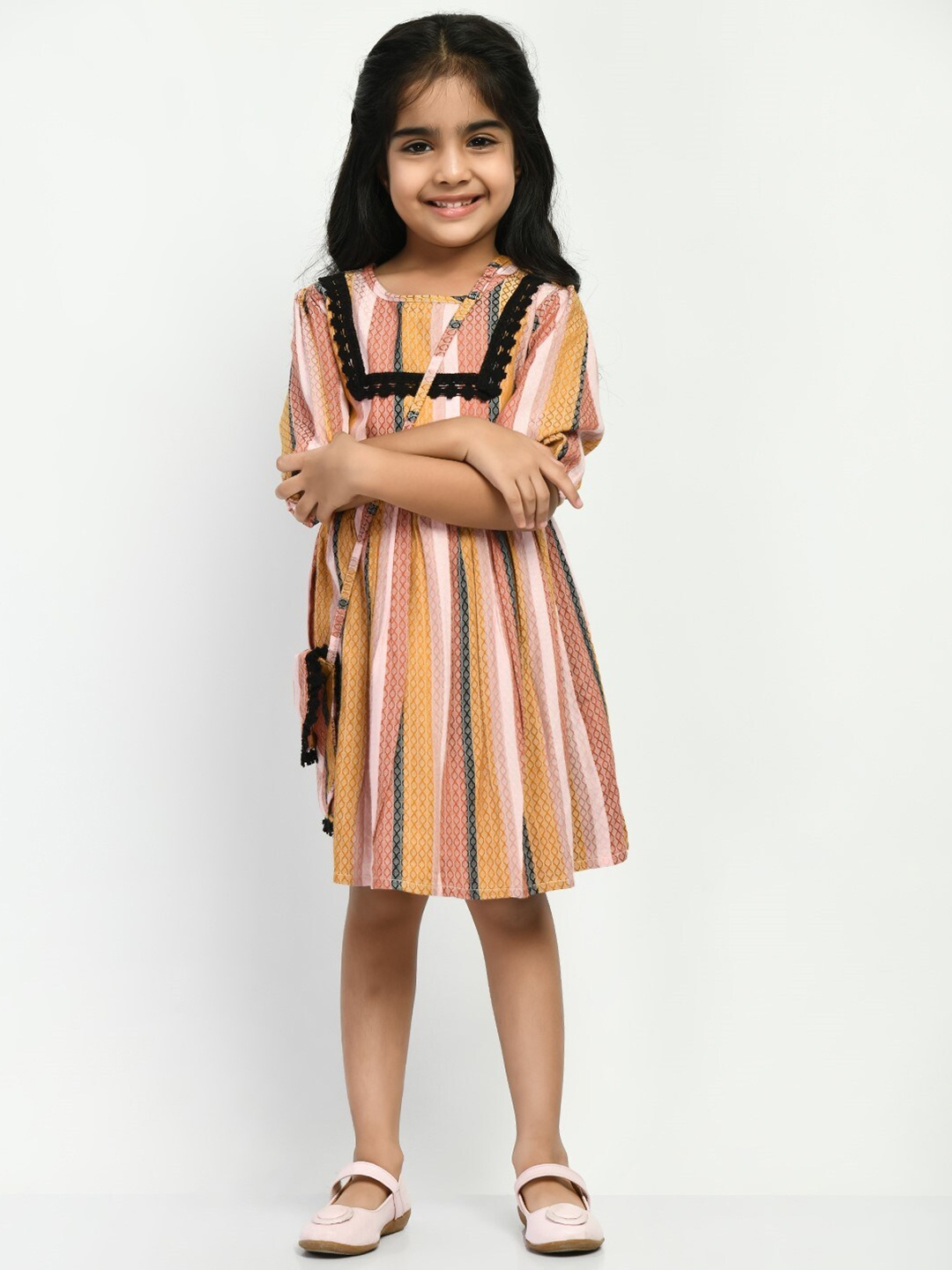 

Bella Moda Girls Striped Puff Sleeve Round Neck Cotton Fit & Flare Dress, Mustard