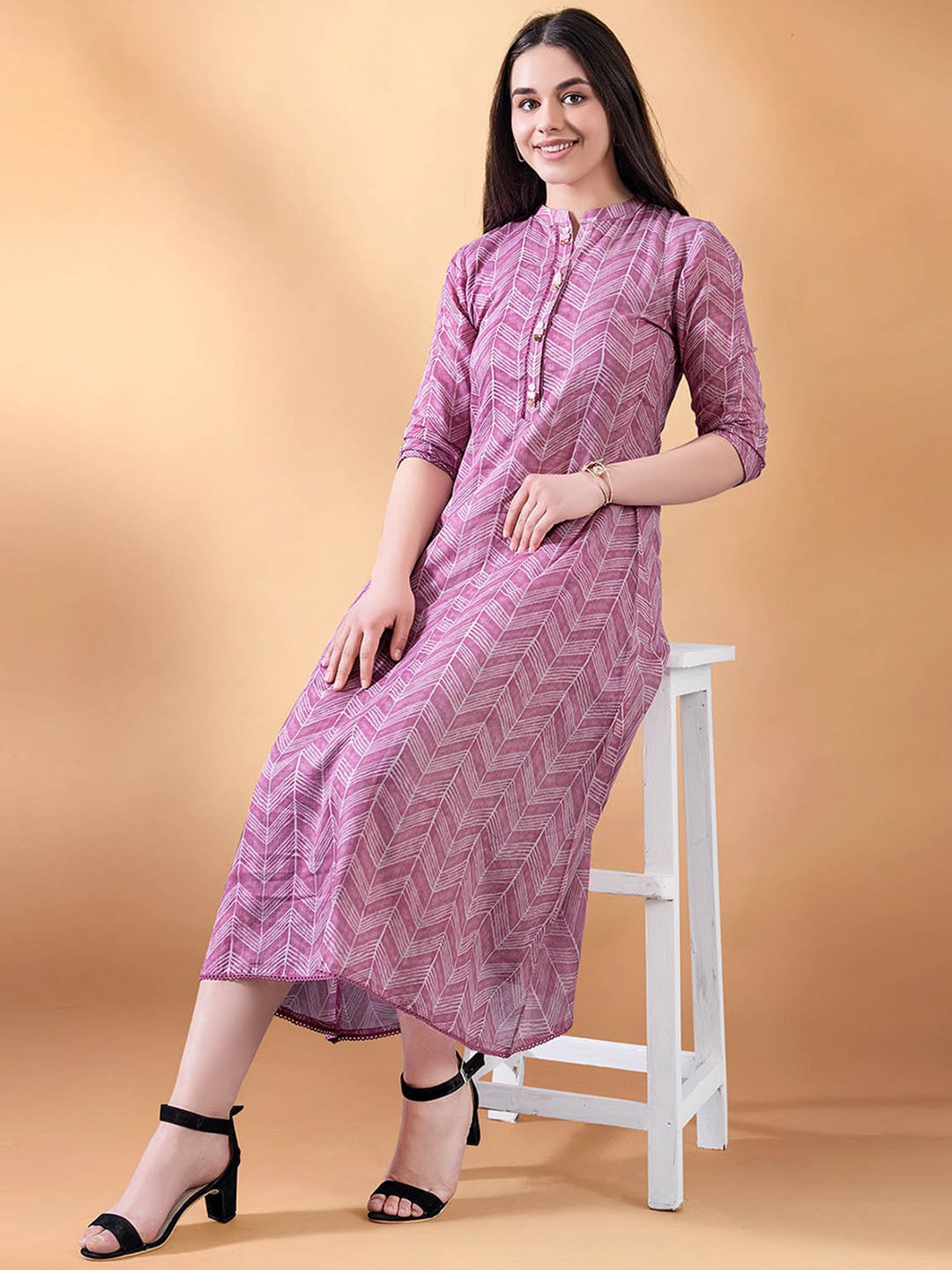 

ODETTE Mandarin Collar Chevron Printed Pure Cotton A-Line Ethnic Dress, Purple