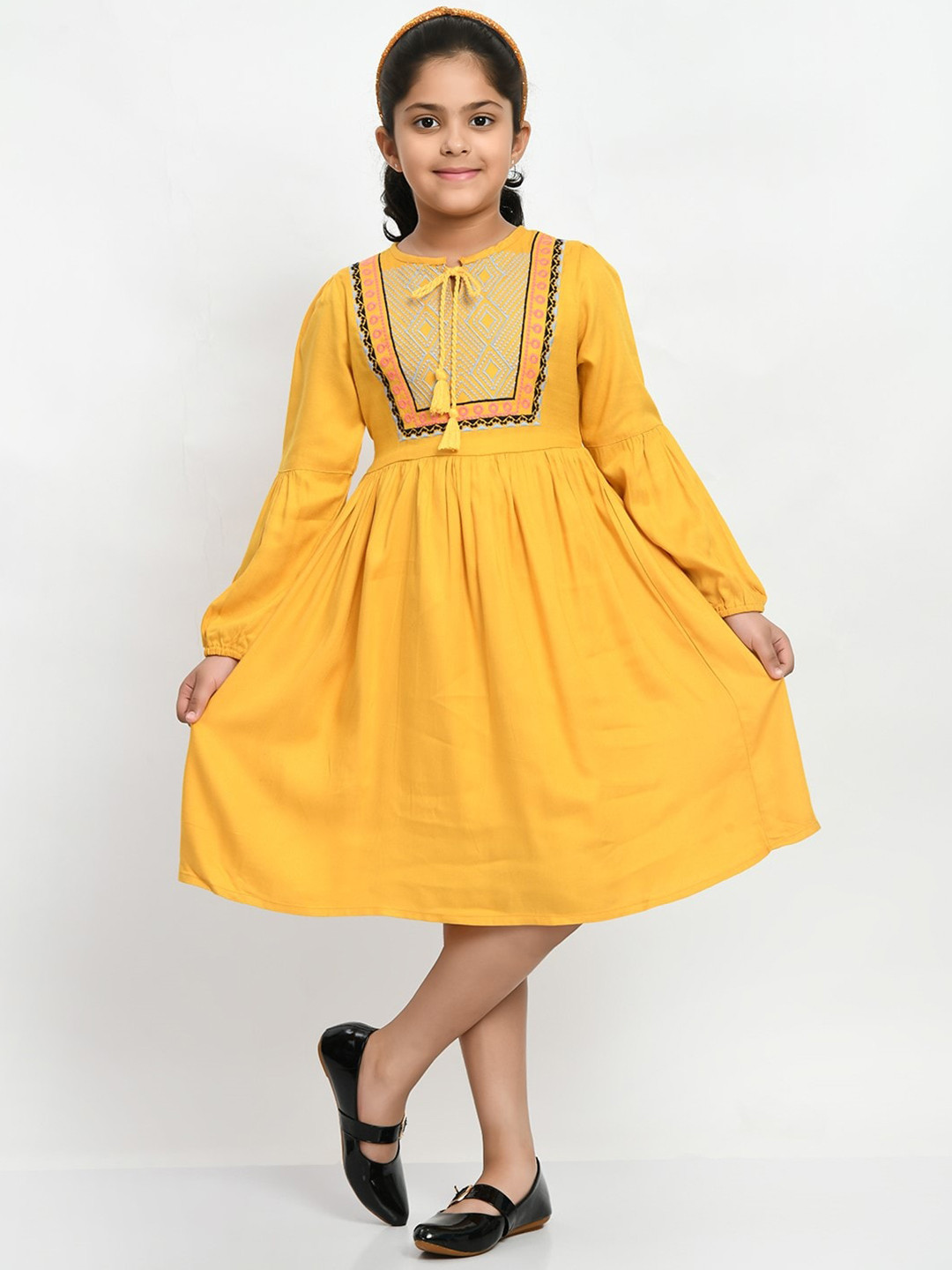 

Bella Moda Girls Floral Embroidered Tie-Up Neck Puff Sleeves Pure Cotton Fit & Flare Dress, Yellow