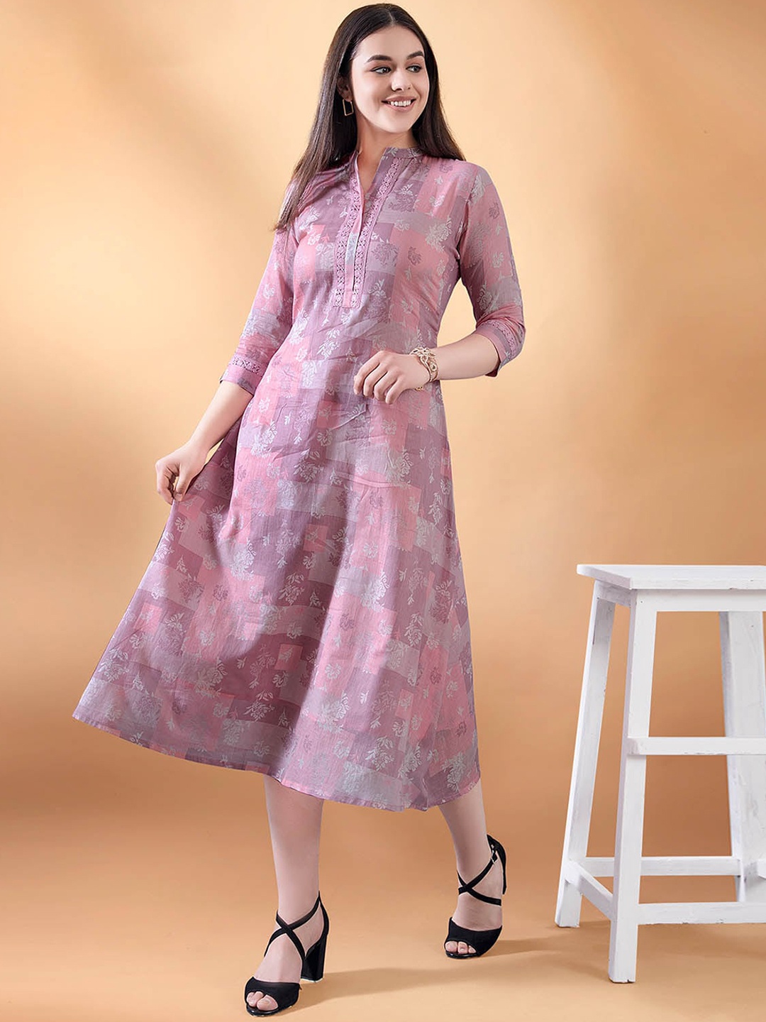 

ODETTE Floral Printed A-Line Pure Cotton Dress, Purple