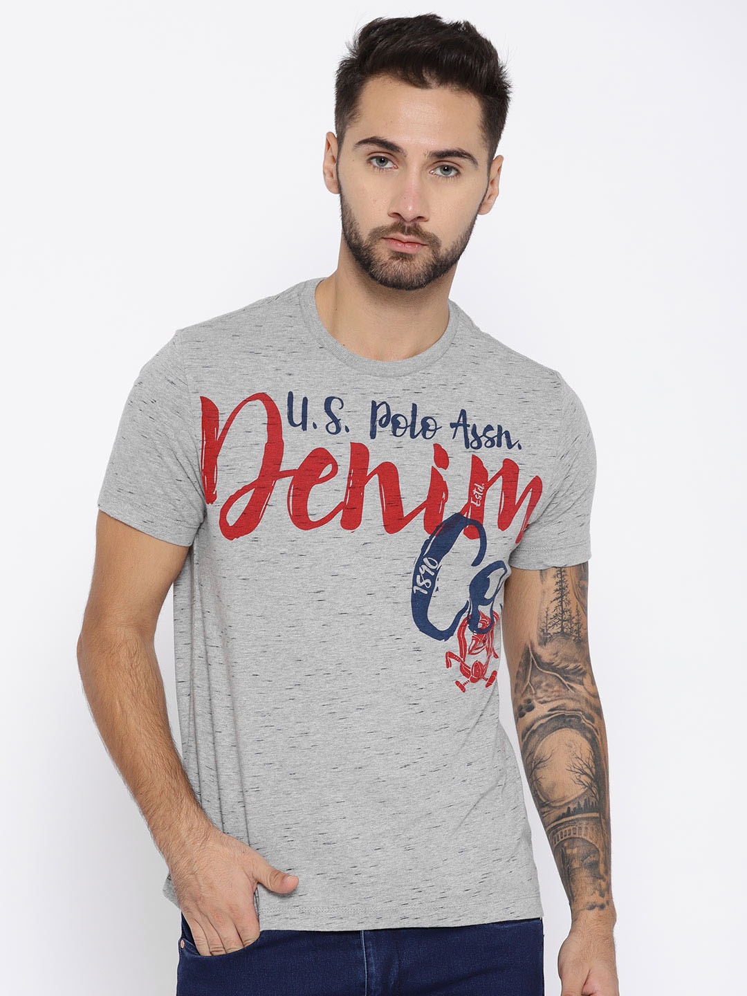 

U.S. Polo Assn. Denim Co. Men Grey Printed Round Neck T-shirt