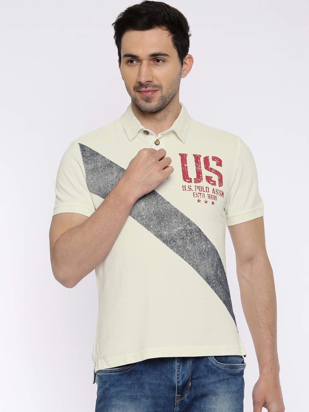 

U.S. Polo Assn. Denim Co. Men Off-White & Grey Printed Polo T-Shirt