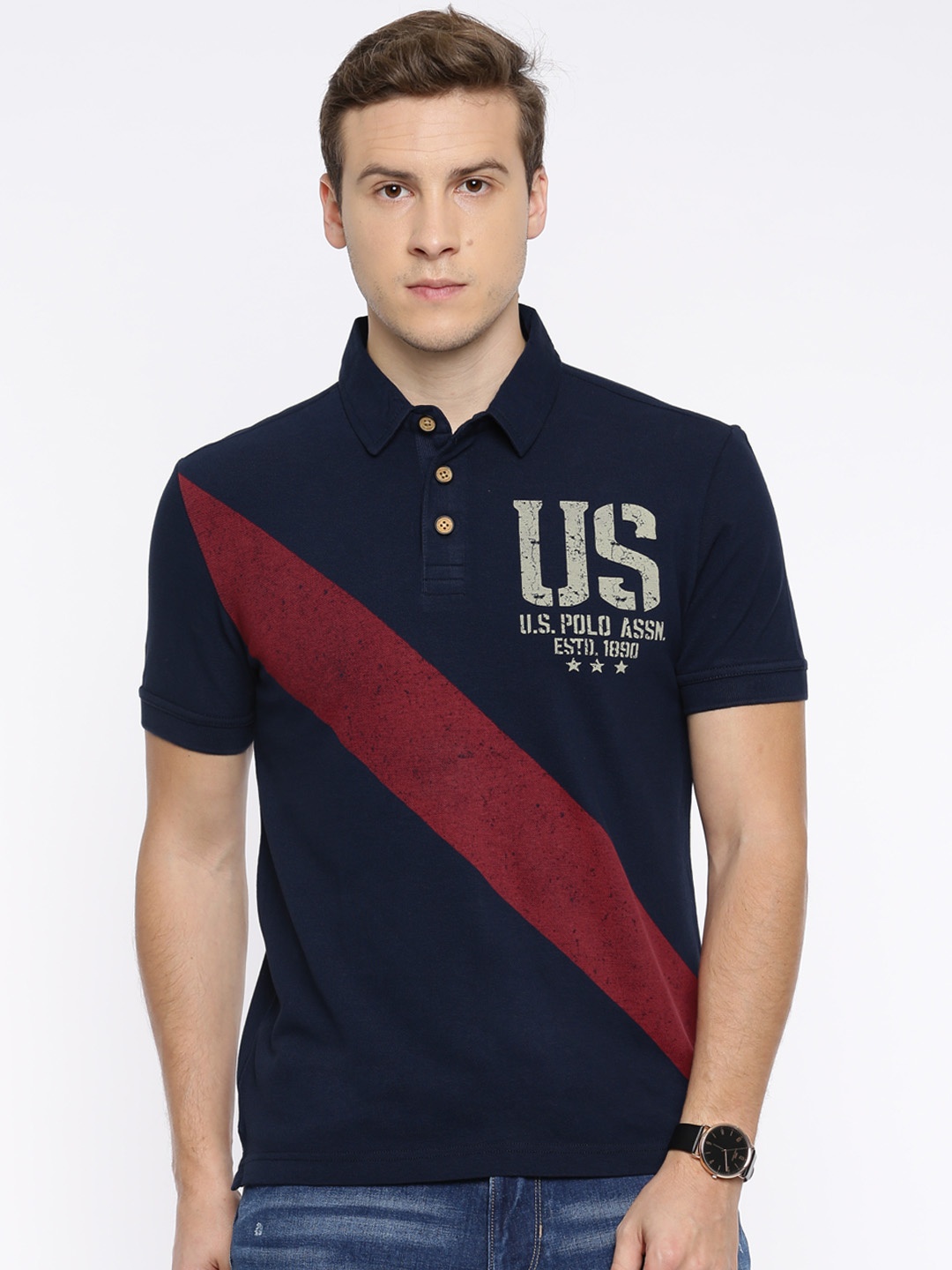 

U.S. Polo Assn. Denim Co. Men Navy Blue Printed Polo T-Shirt