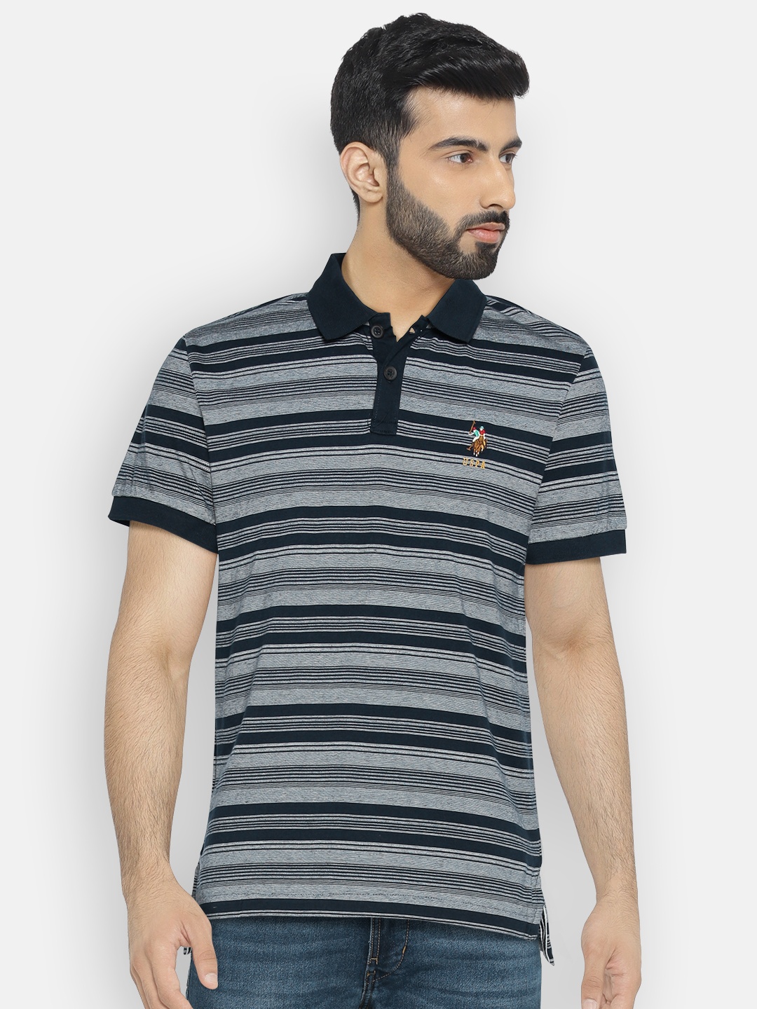 

U.S. Polo Assn. Denim Co. Men Navy Blue & White Striped Polo Collar T-shirt