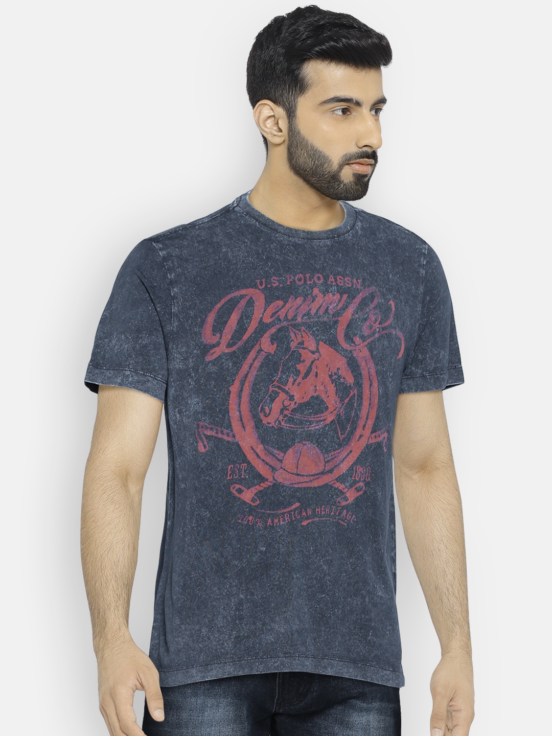 

U.S. Polo Assn. Denim Co. Men Blue Printed Round Neck Pure Cotton T-shirt