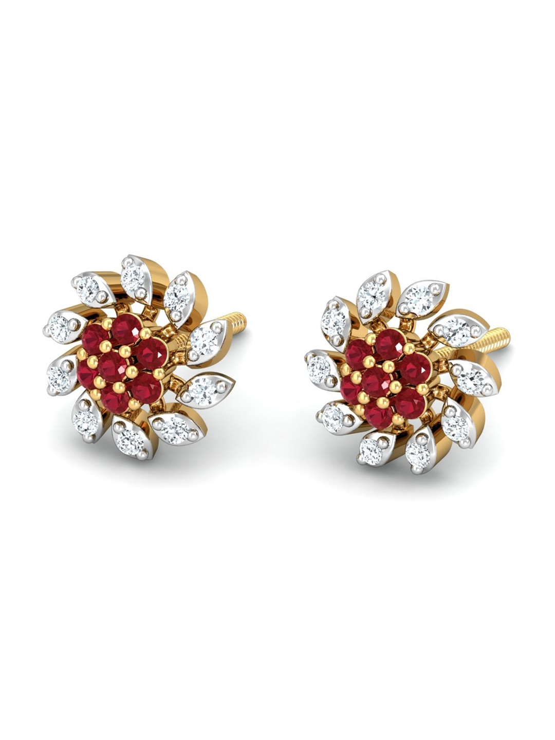 

KUBERBOX Rouge Fleur 18KT Gold Diamond-Studded & Ruby Stud Earrings -2.24gm