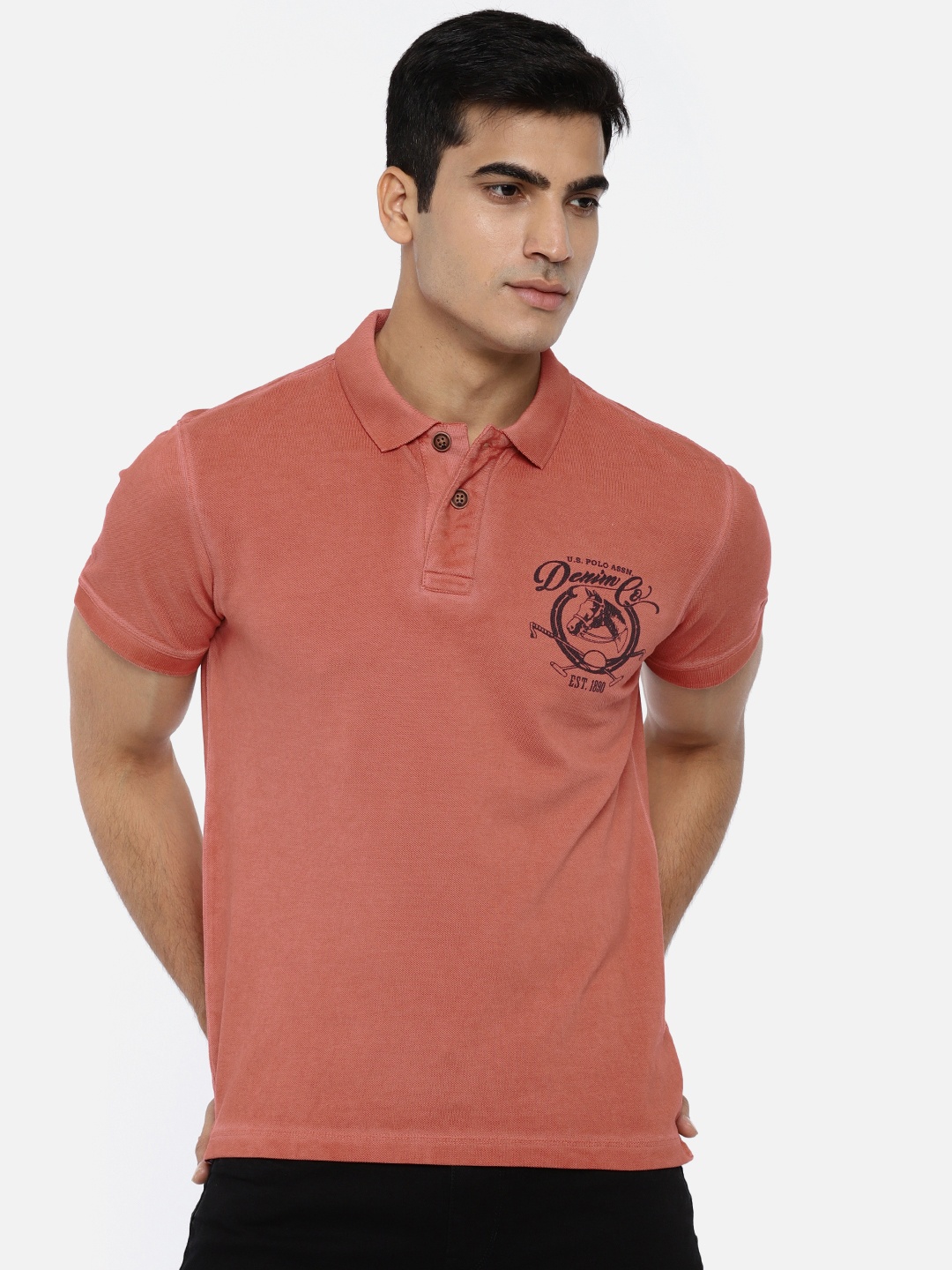 

U.S. Polo Assn. Denim Co. Men Coral Red Solid Polo Collar Pure Cotton T-shirt