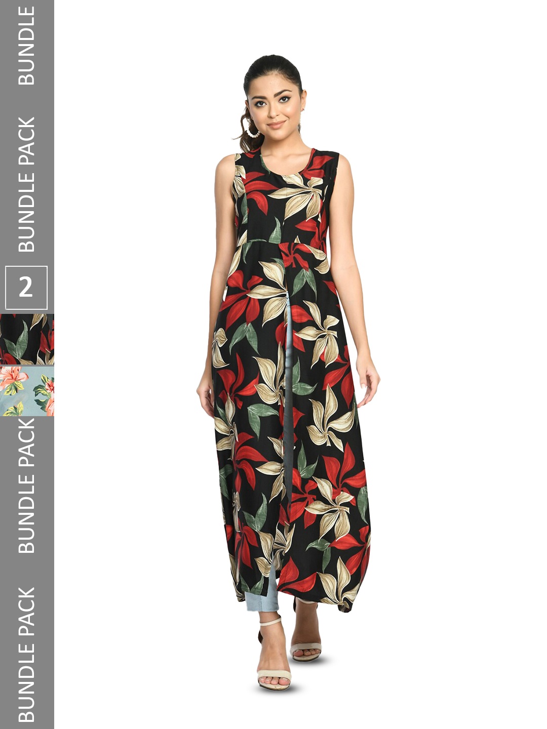 

IndiWeaves Pack Of 2 Floral Printed Round Neck High Slit Fusion A Line Kurta, Black