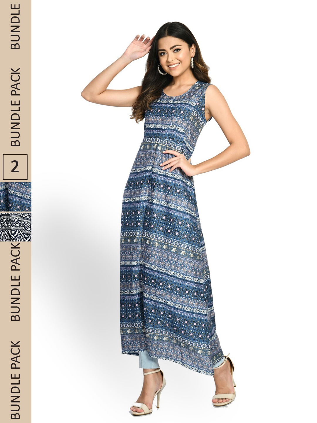 

IndiWeaves Pack Of 2 Tribal Printed Sleeveless High Slit A-Line Kurta, Blue