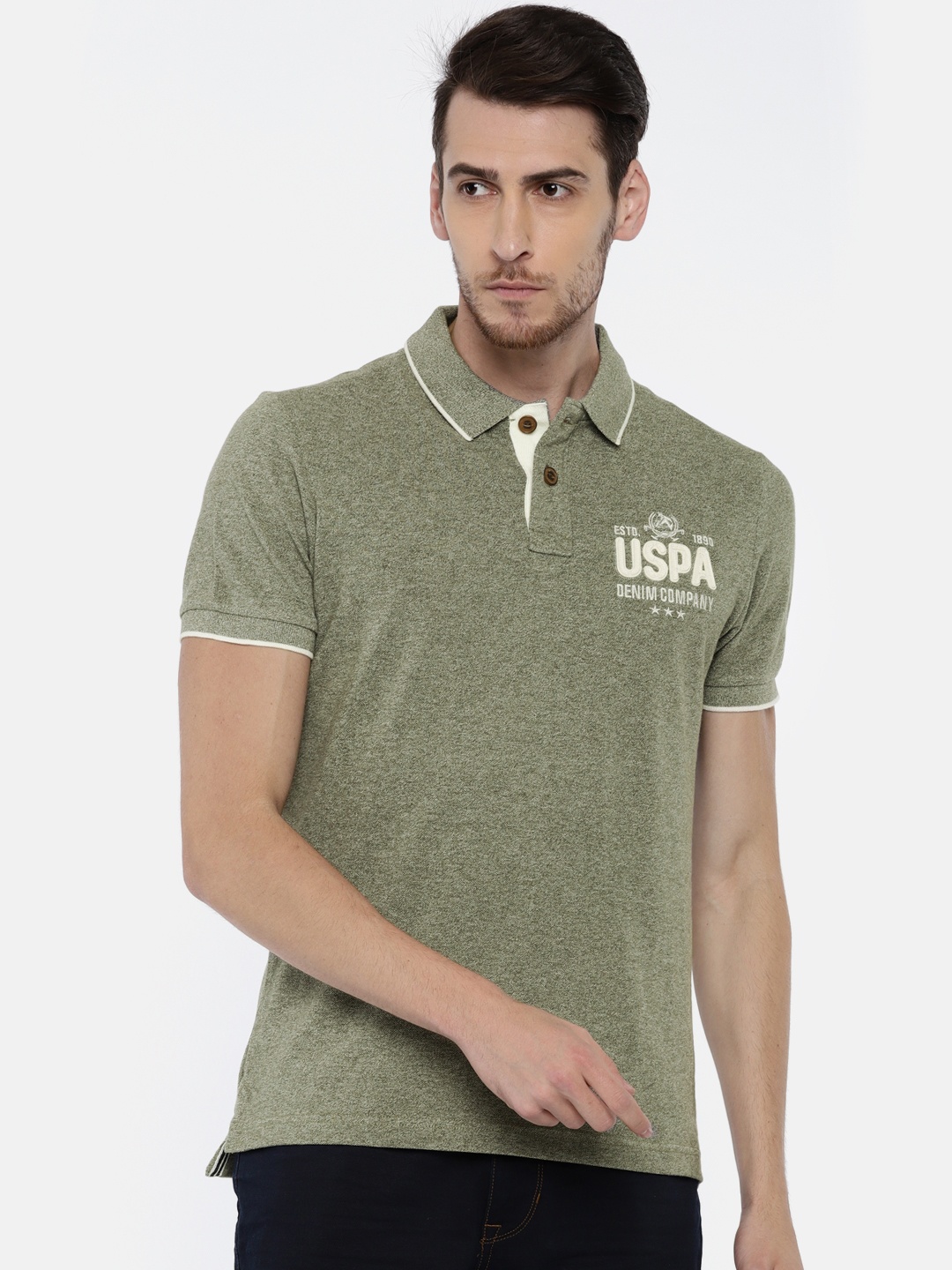 

U.S. Polo Assn. Denim Co. Men Olive Green Solid Polo Collar T-shirt