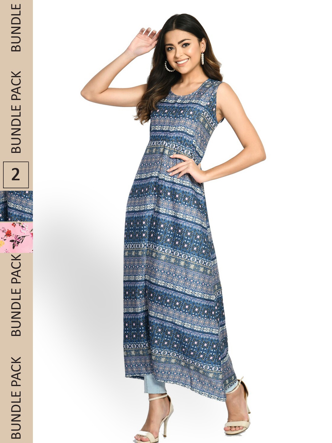 

IndiWeaves Pack Of 2 Printed Round Neck High Slit Fusion A Line Kurta, Blue