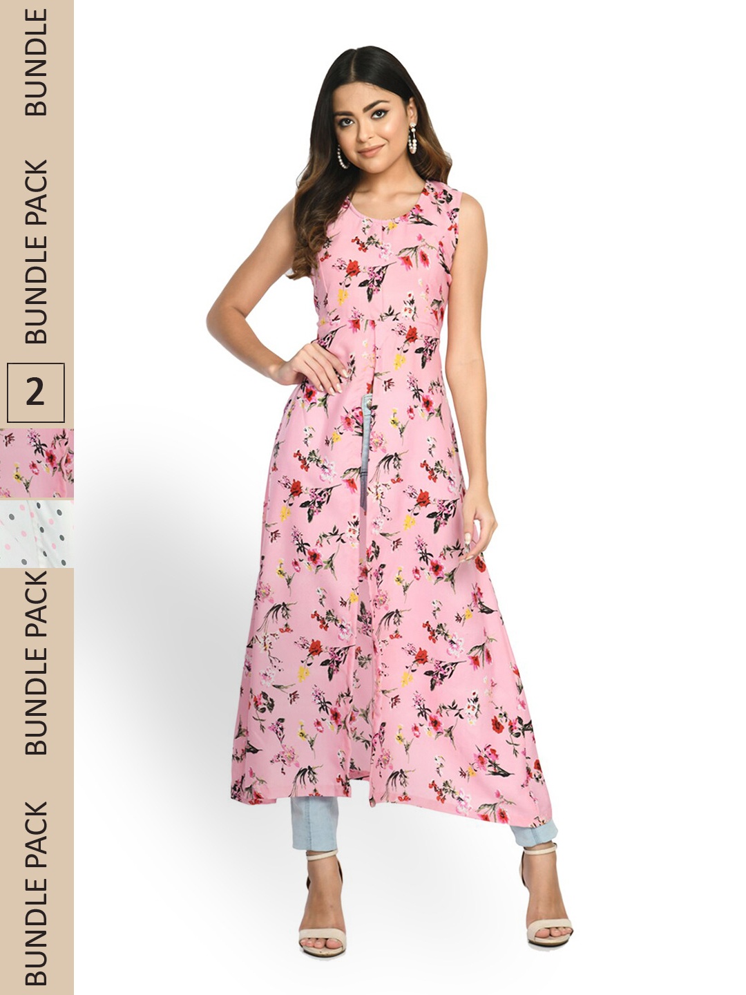 

IndiWeaves Pack Of 2 Floral Printed Sleeveless High Slit A-Line Kurta, Pink