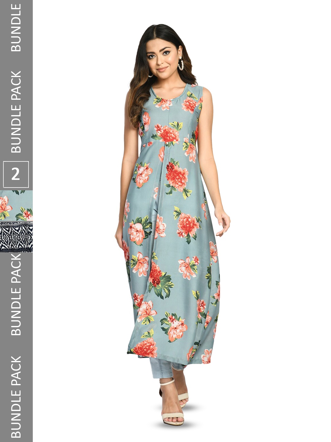 

IndiWeaves Pack Of 2 Printed Sleeveless Maxi Longline Top, Grey