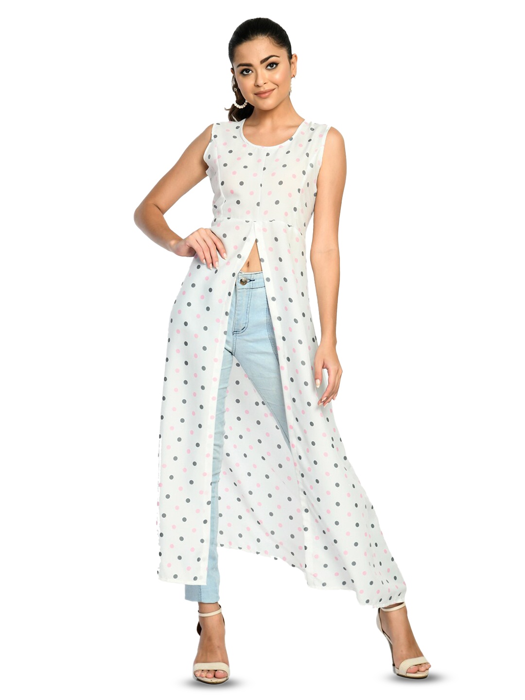 

IndiWeaves Polka Dots Sleeveless High Slit A-Line Kurta, White