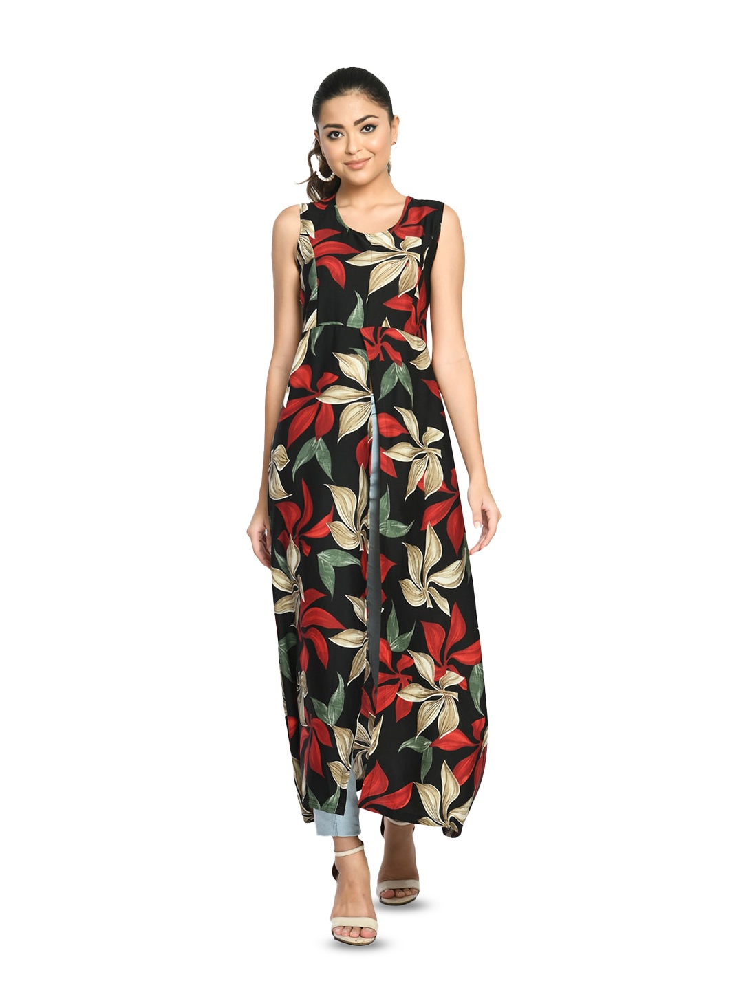 

IndiWeaves Floral Printed Round Neck High Slit Fusion A Line Kurta, Yellow