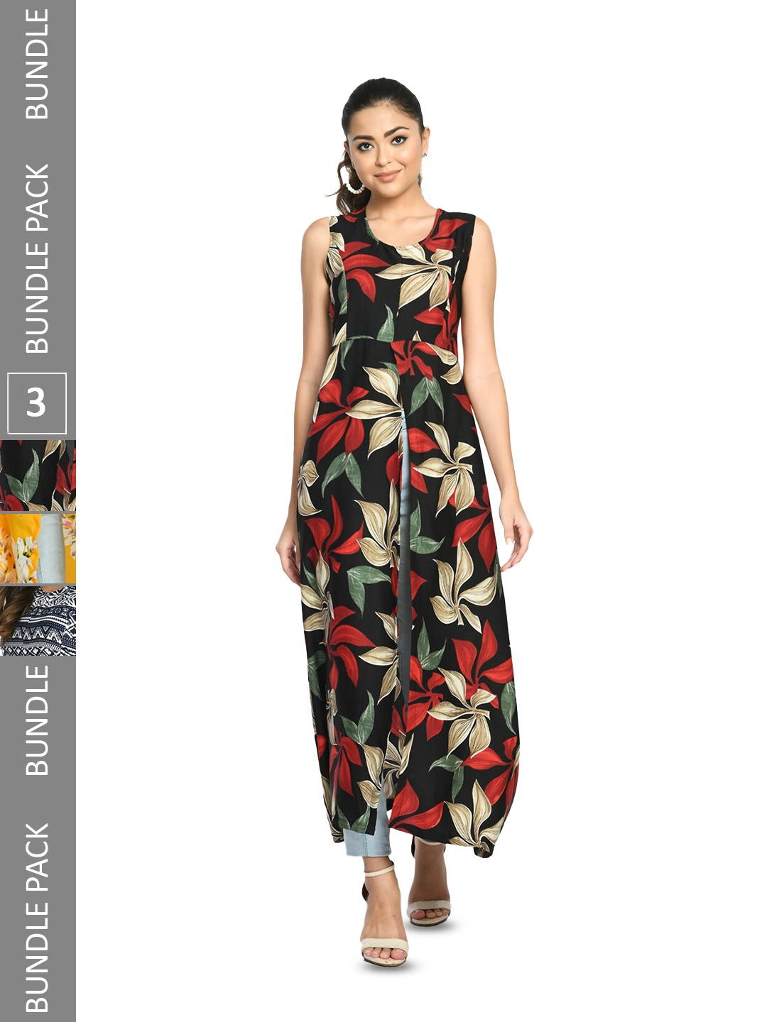 

IndiWeaves Pack Of 3 Floral Printed Sleeveless High Slit A-Line Kurta, Multi