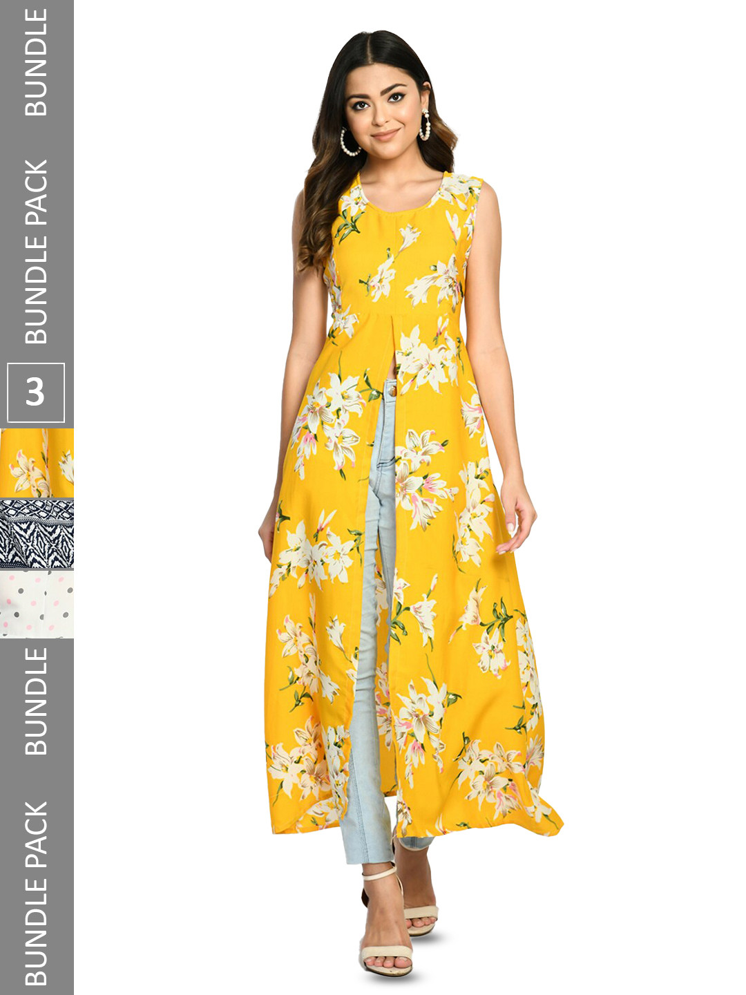 

IndiWeaves Pack Of 3 Printed Sleeveless Maxi Longline Top, Yellow