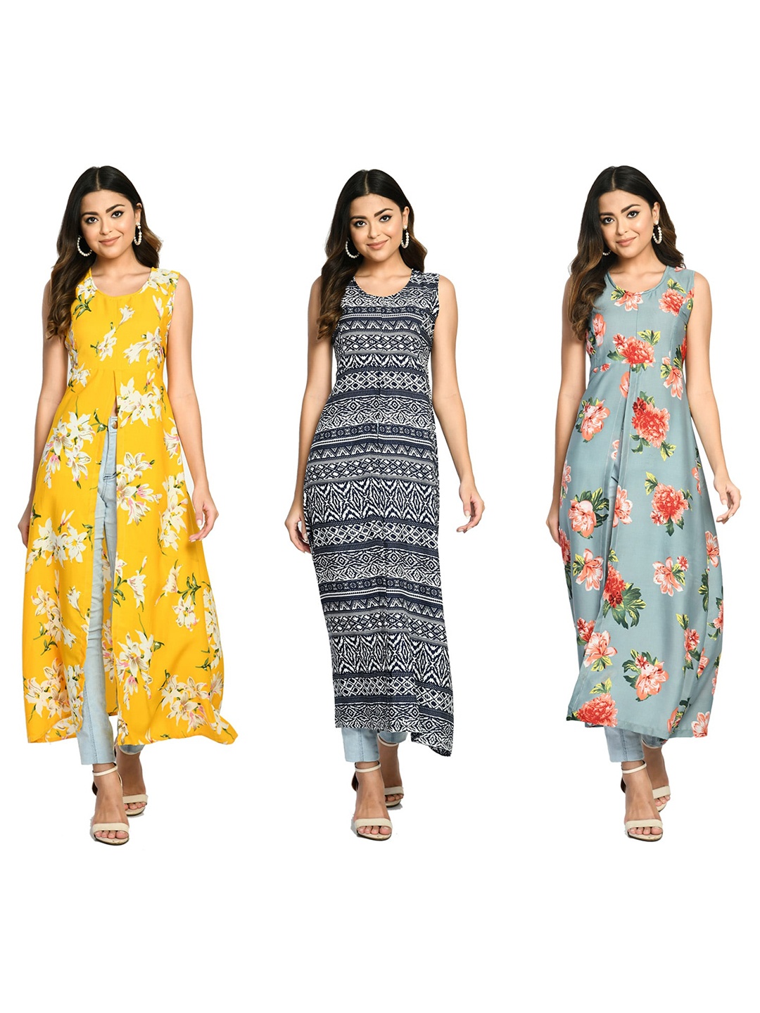 

IndiWeaves Pack Of 3 Printed Round Neck High Slit Fusion A Line Kurta, Yellow
