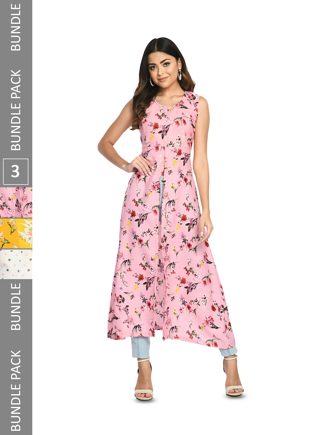 

IndiWeaves Pack Of 3 Floral Printed Sleeveless High Slit A-Line Kurta, Pink