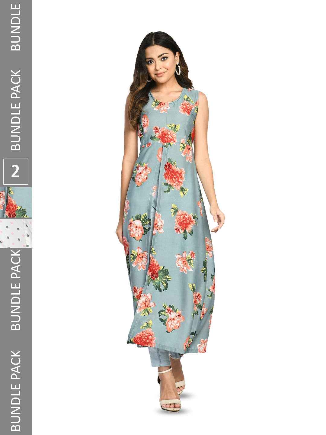 

IndiWeaves Pack Of 2 Floral Printed Sleeveless High Slit A-Line Kurta, Multi