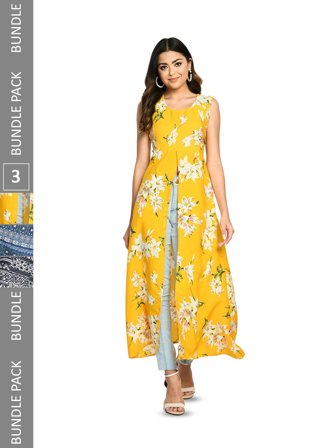 

IndiWeaves Pack Of 3 Printed Sleeveless Maxi Longline Top, Yellow