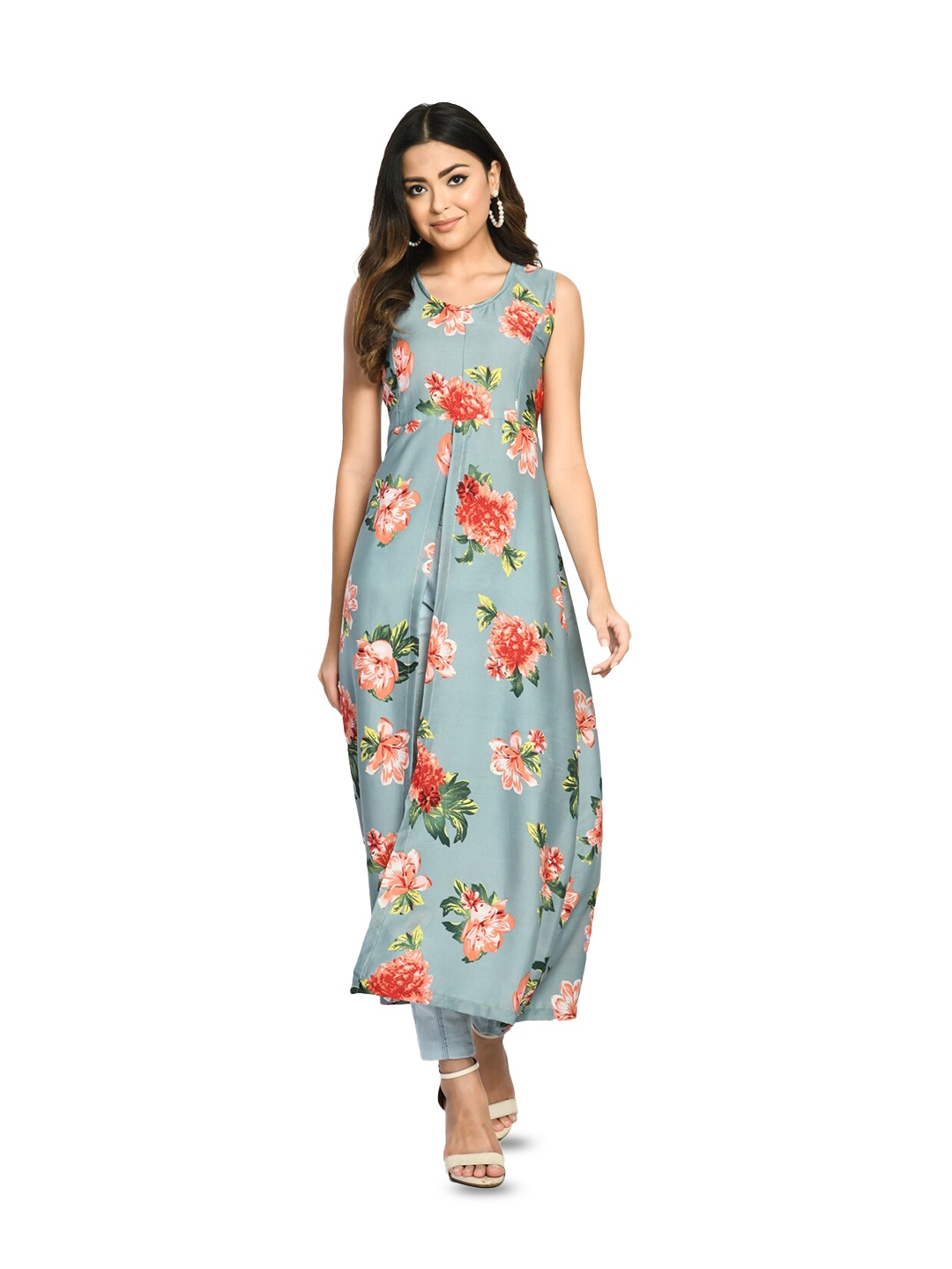 

IndiWeaves Floral Printed Sleeveless High Slit A-Line Kurta, Grey