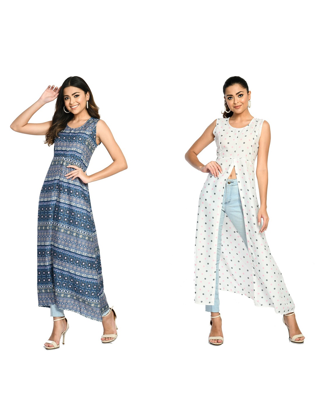 

IndiWeaves Pack Of 2 Tribal Printed Sleeveless High Slit A-Line Kurta, Blue