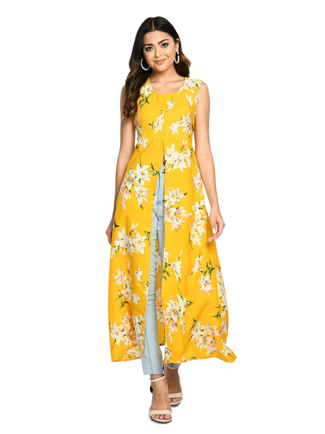 

IndiWeaves Floral Printed Round Neck High Slit Fusion A Line Kurta, Yellow