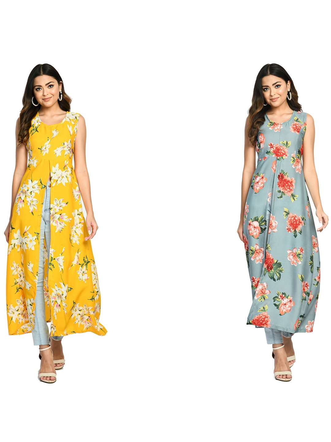 

IndiWeaves Pack Of 2 Floral Printed Sleeveless High Slit A-Line Kurta, Yellow