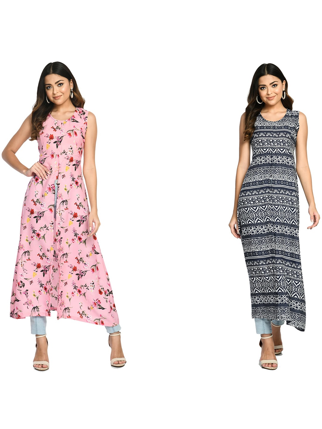 

IndiWeaves Pack Of 2 Floral Printed Sleeveless High Slit A-Line Kurta, Pink