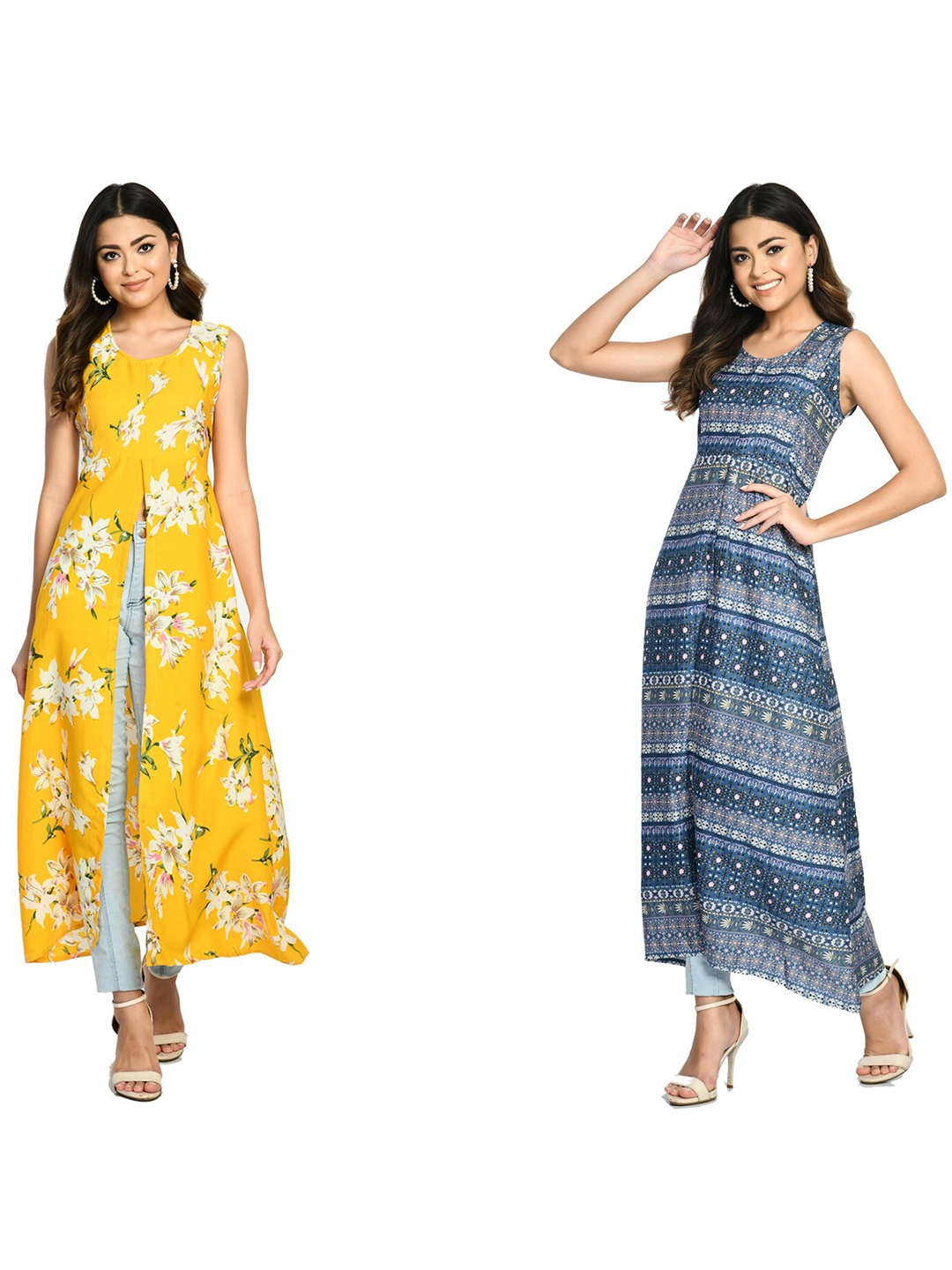 

IndiWeaves Pack Of 2 Printed Round Neck High Slit Fusion A Line Kurta, Yellow