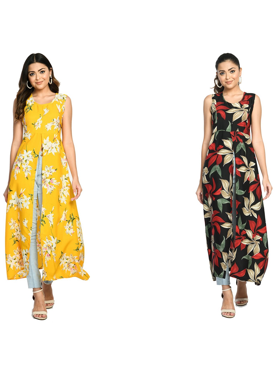 

IndiWeaves Pack Of 2 Floral Printed Round Neck High Slit Fusion A Line Kurta, Yellow