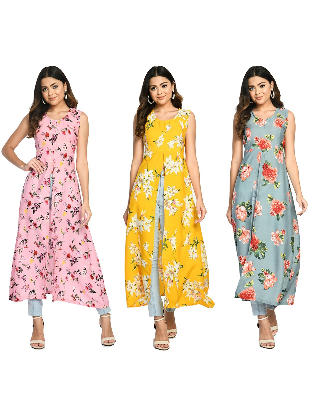 

IndiWeaves Pack Of 3 Floral Printed Round Neck High Slit Fusion A Line Kurta, Pink