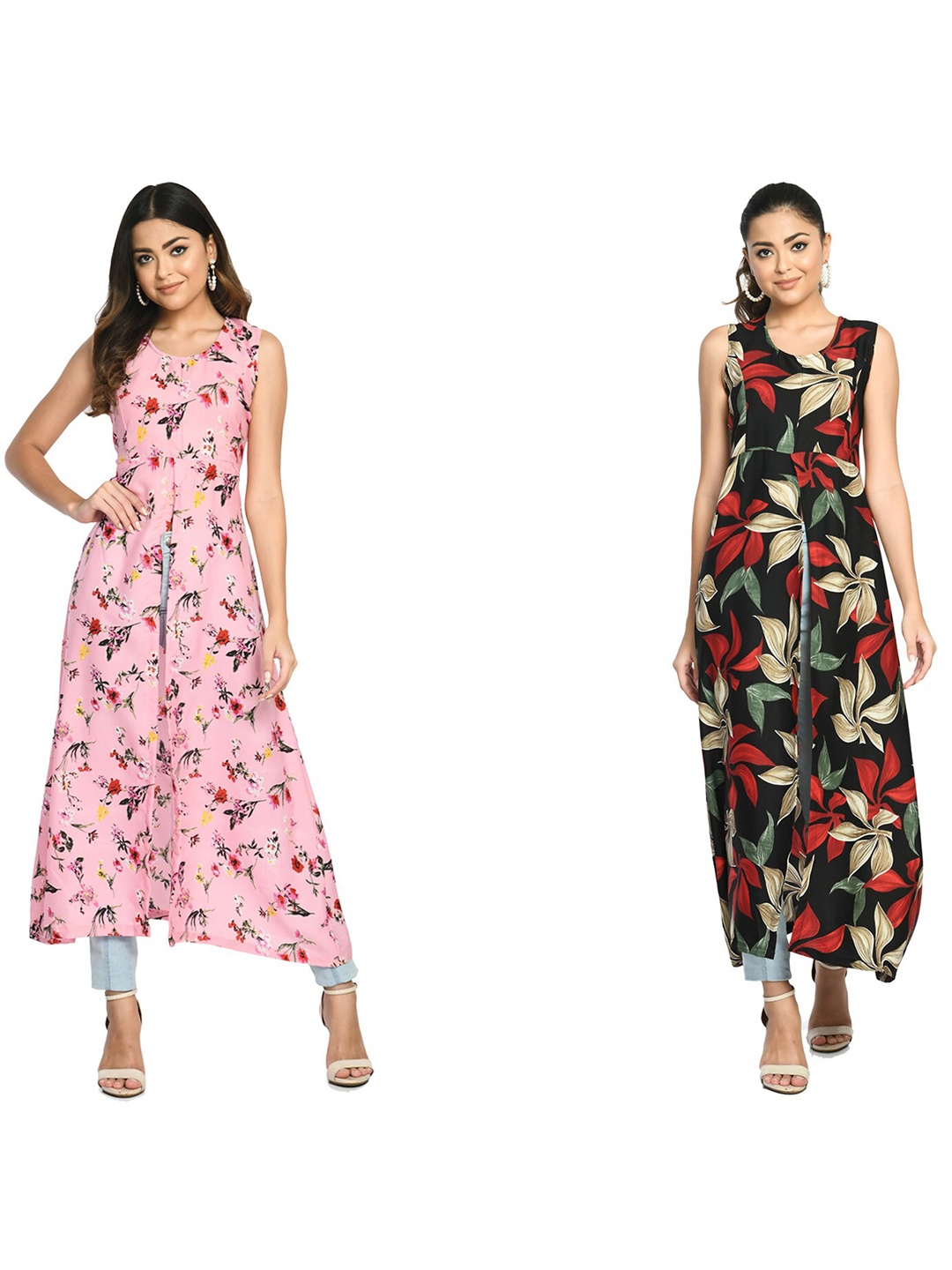 

IndiWeaves Pack Of 3 Floral Printed Sleeveless High Slit A-Line Kurta, Pink