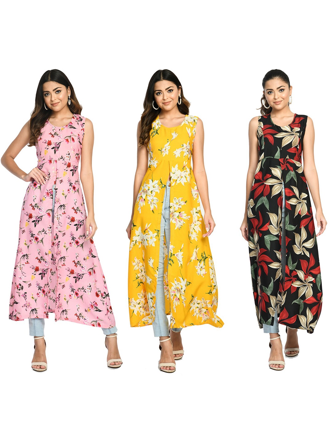 

IndiWeaves Pack Of 3 Floral Printed Sleeveless High Slit A-Line Kurta, Pink