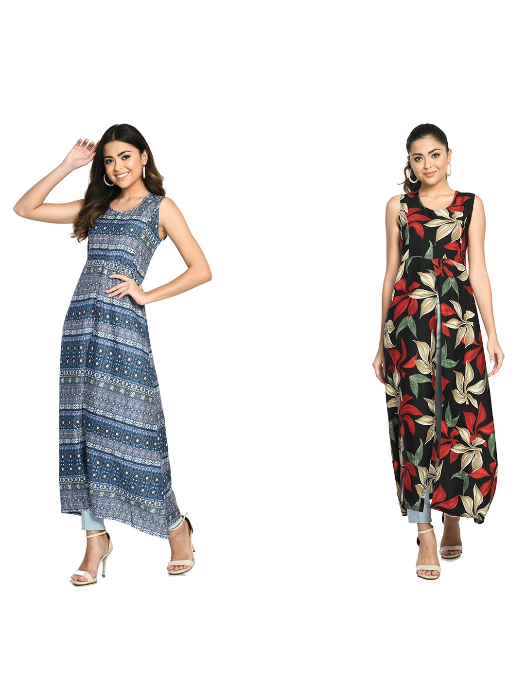 

IndiWeaves Pack Of 2 Tribal Printed Sleeveless High Slit A-Line Kurta, Blue