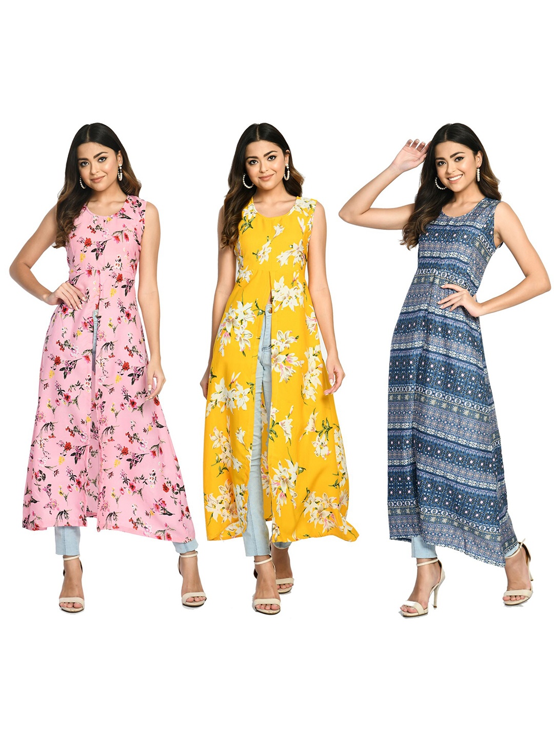 

IndiWeaves Pack Of 3 Printed Round Neck High Slit Fusion A Line Kurta, Pink