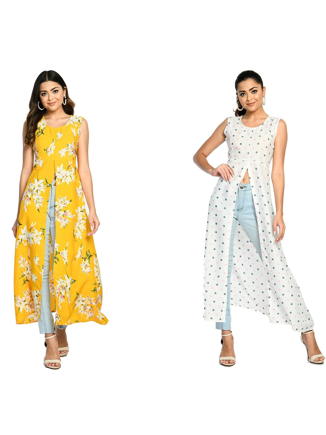 

IndiWeaves Pack Of 2 Printed Round Neck High Slit Fusion A Line Kurta, Yellow