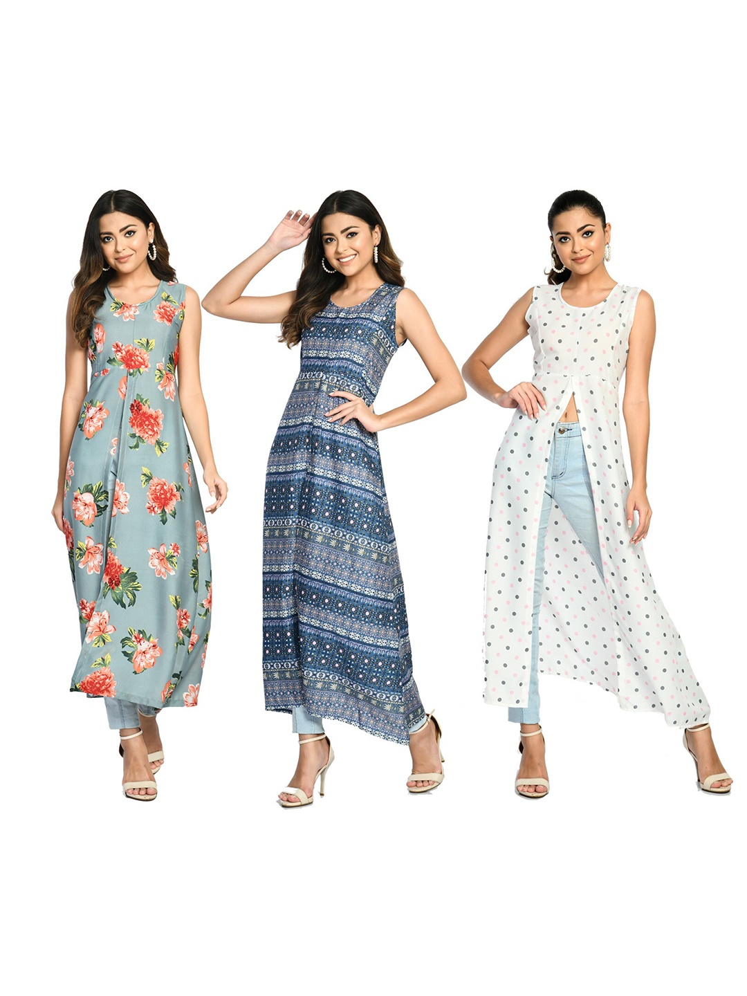 

IndiWeaves Pack Of 3 Printed Round Neck High Slit Fusion A Line Kurta, Multi