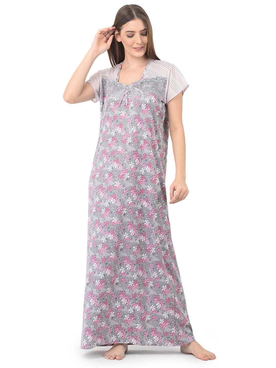 

Noty Floral Printed Maxi Nightdress, Grey