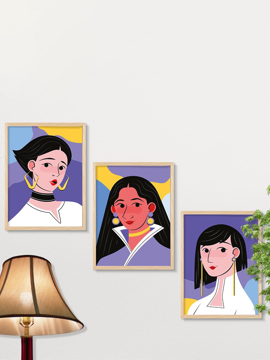 

SAF 3-Pcs Purple & Yellow Boho Women Painting Framed Wall Art, Blue