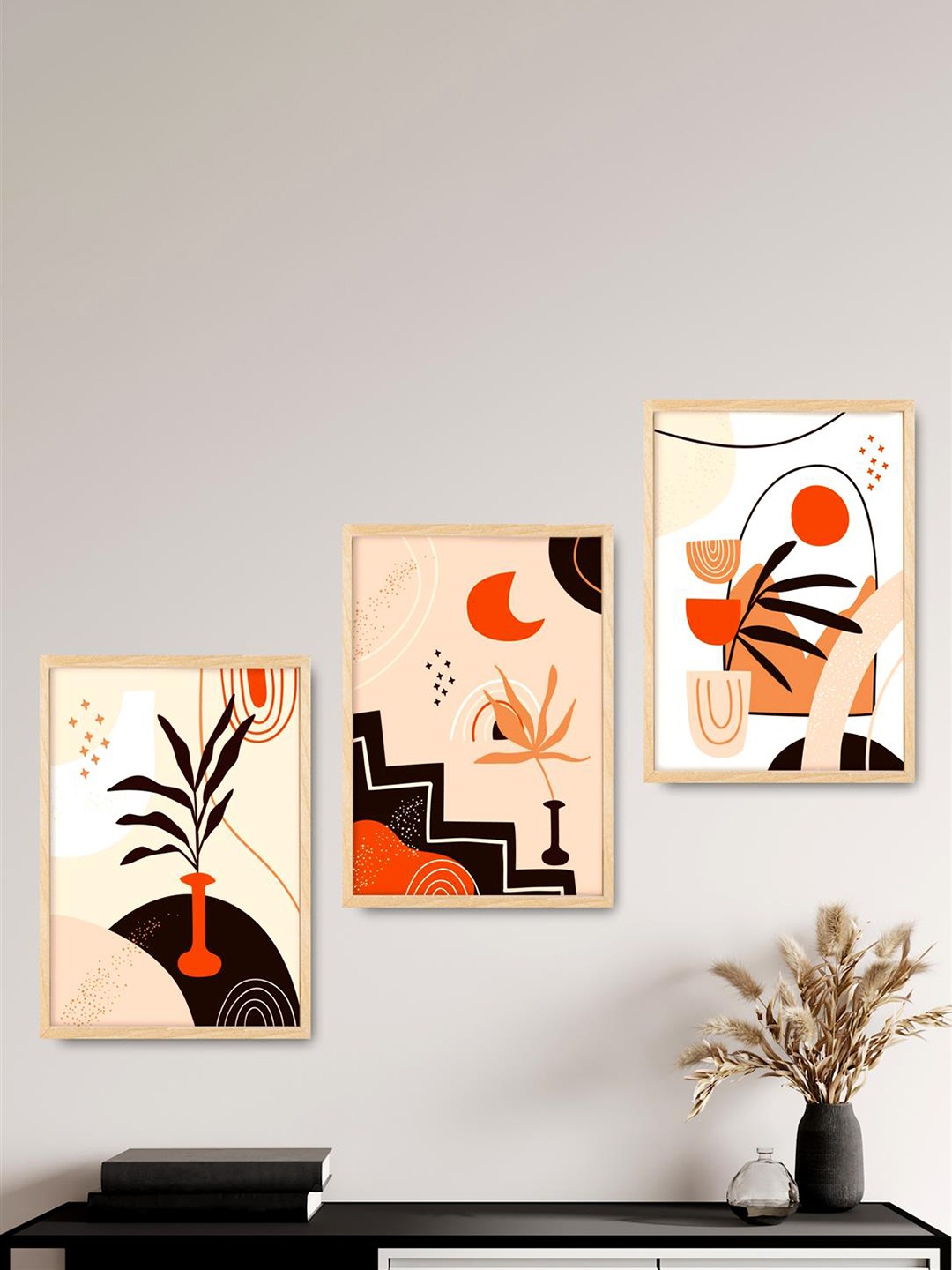 

SAF 3 Pcs Pink & Black Modern Painting Framed Wall Art